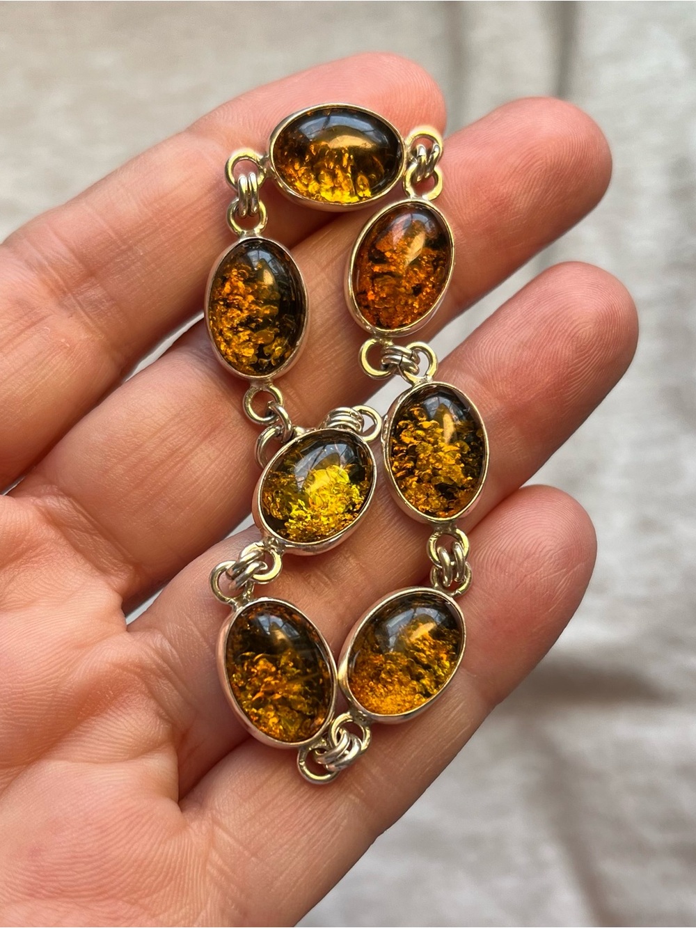 Vintage Green Baltic Amber Silver Link Bracelet
